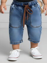 Toddler Boys Light Blue Denim Utility Shorts with Brown Drawstring