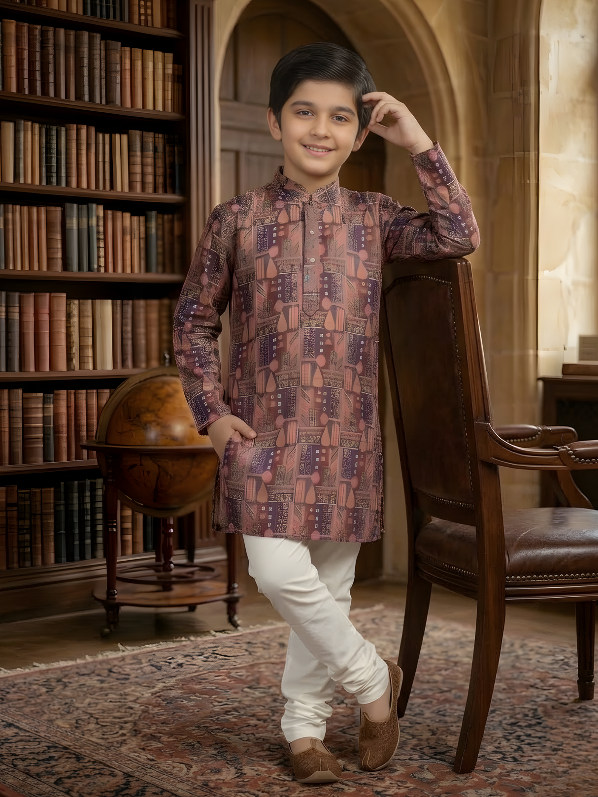 Boys' Mauve & Blue Figurative Print Kurta with Cream Pyjama Set.