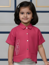 Girls Magenta Pink Embroidered Short Sleeve Shirt