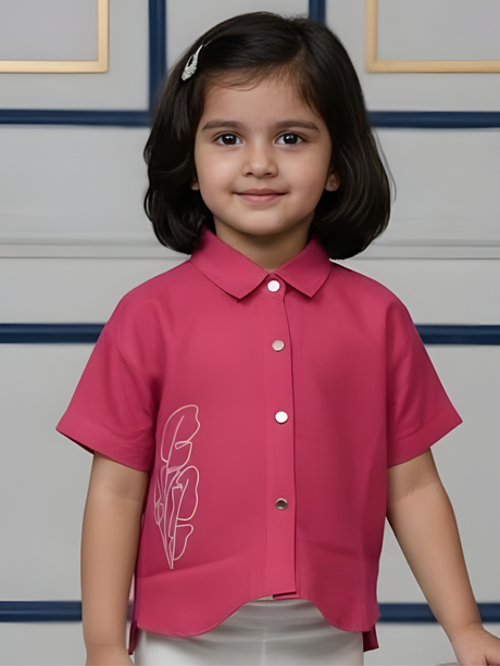 Girls Magenta Pink Embroidered Short Sleeve Shirt