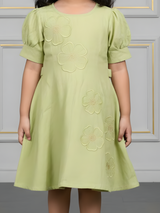 Girls Sage Green Embroidered Puff Sleeve A-Line Frock
