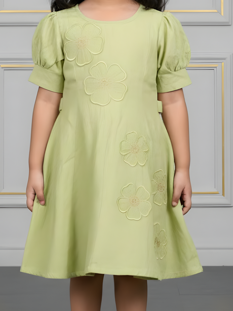 Girls Sage Green Embroidered Puff Sleeve A-Line Frock