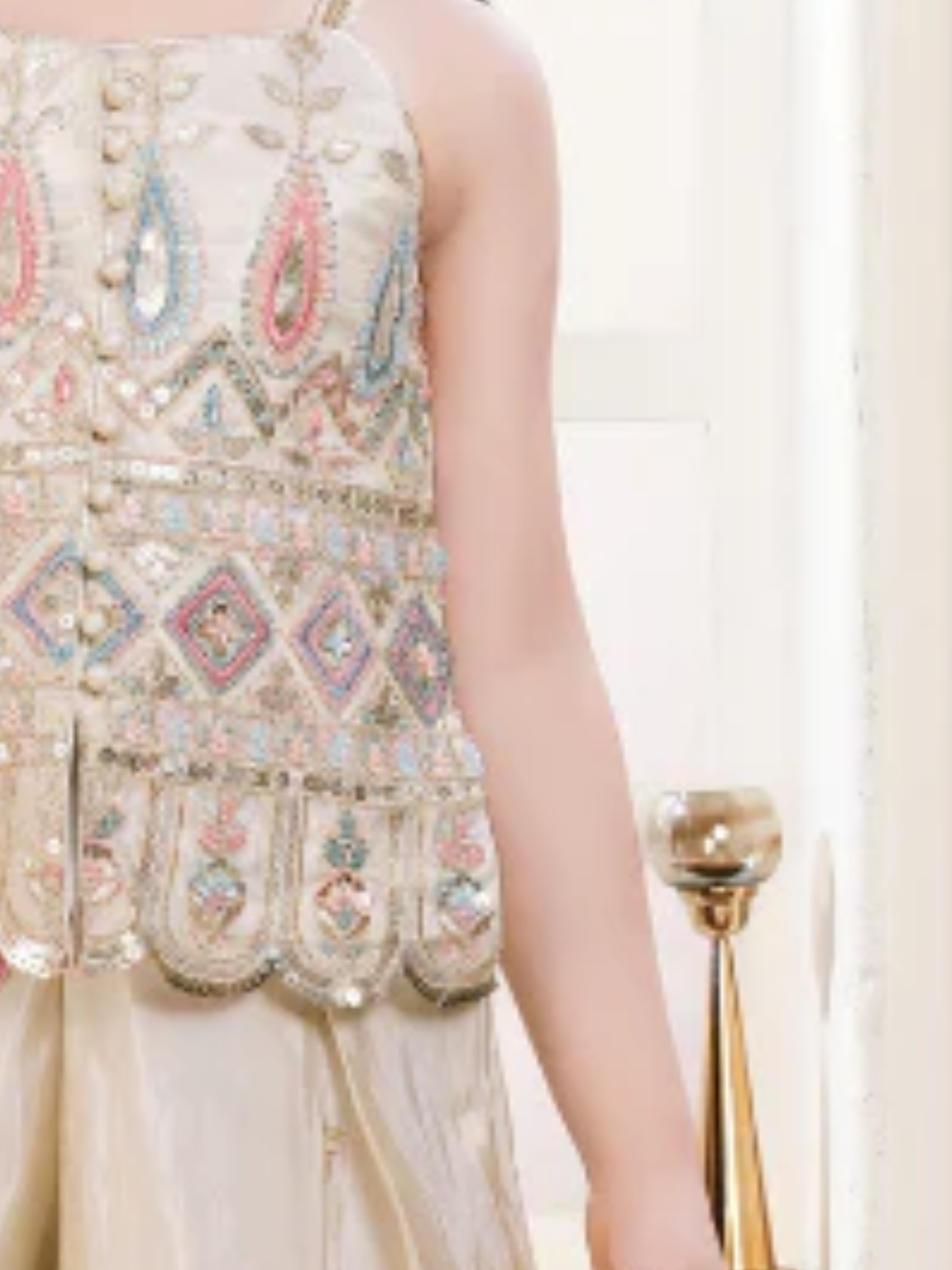 Girls' Festive Cream Sequin Embellished Crop Top & Wide-Leg Palazo Set