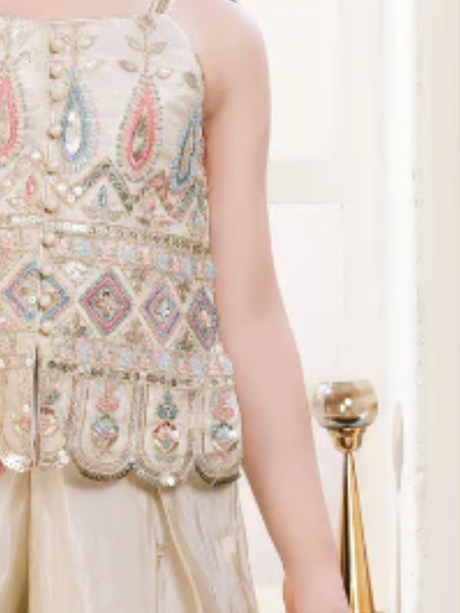 Girls' Festive Cream Sequin Embellished Crop Top & Wide-Leg Palazo Set