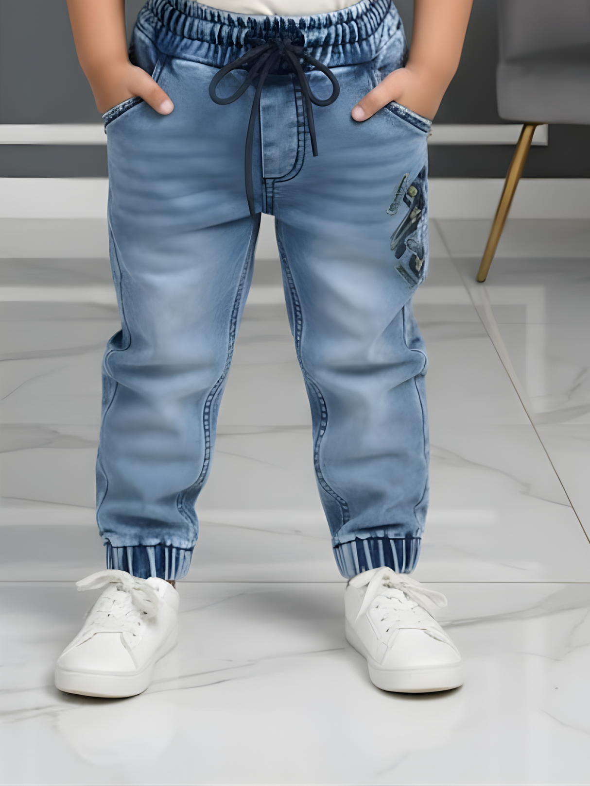 Boys' Mid-Wash Denim Joggers with Elasticated Cuffs and Drawstring Waist.
