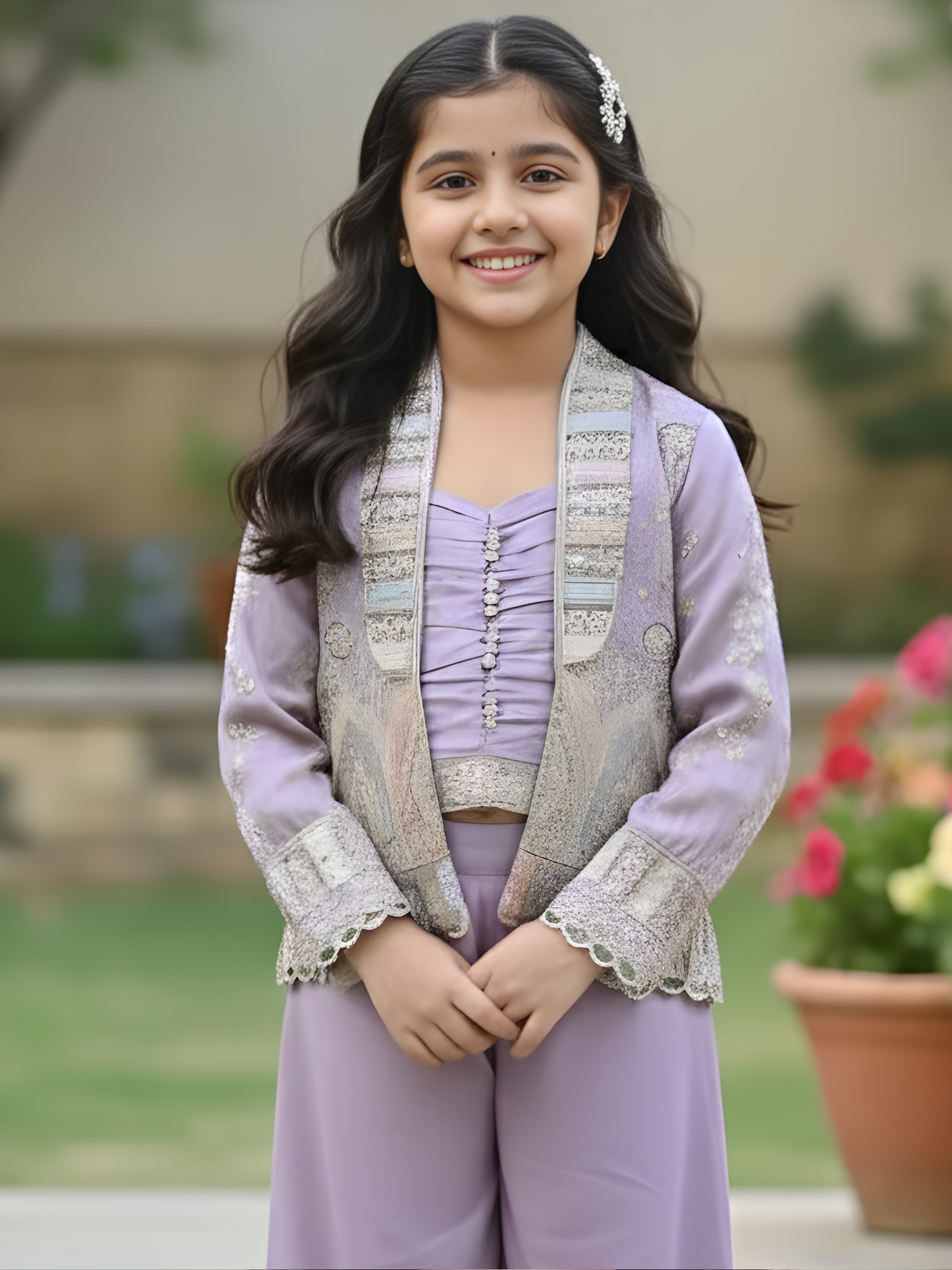 Girls Lavender Purple Embroidered Jacket and Palazzo Set