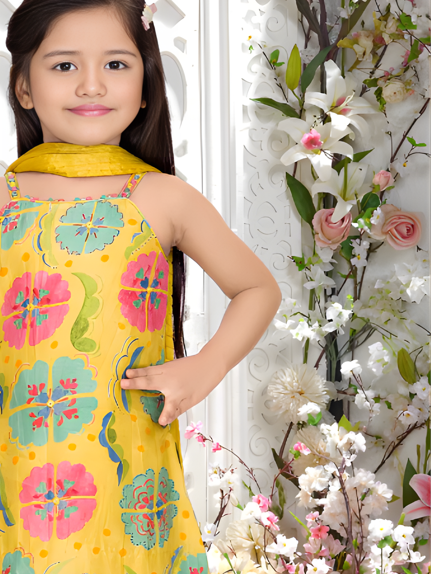 Girls' Festive Yellow Floral Crop Top & Geometric Tiered Sharara Set