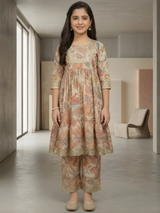 Girls' Elegant Cream Floral Tiered Suit Set with Heavy Sequin Work