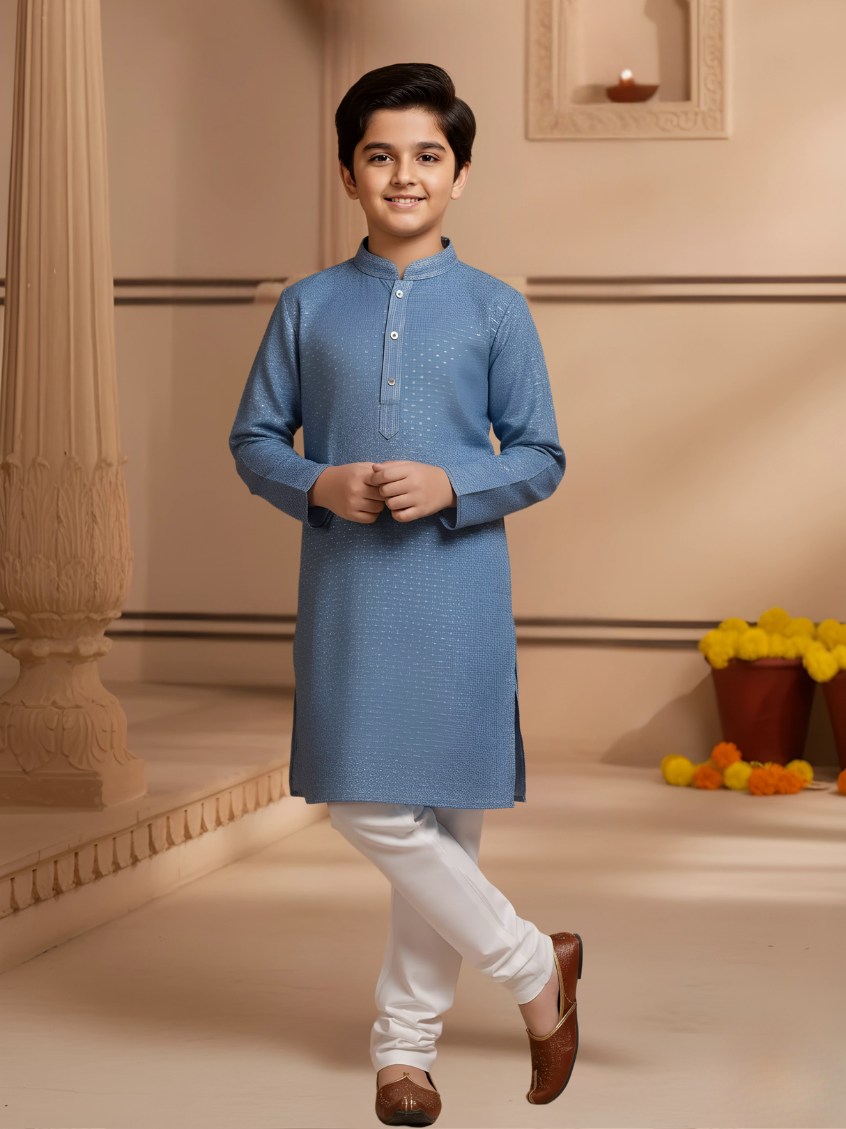 Boys Blue Textured Kurta with White Pajama Set