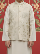 Boys' Cream Silk-Blend Kurta Pajama Jacket Set