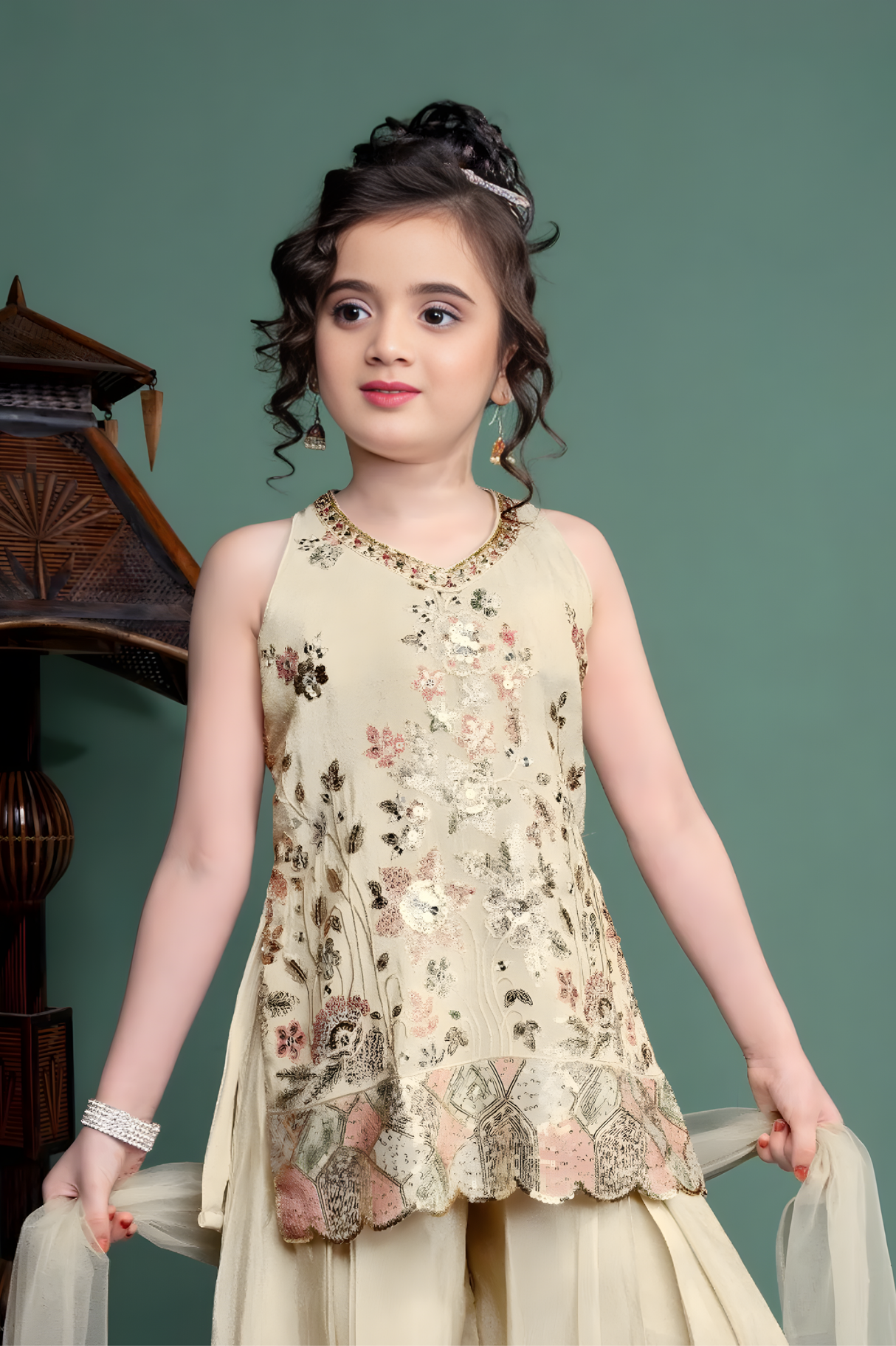 Girls' Elegant Cream Embroidered Peplum Sharara Set