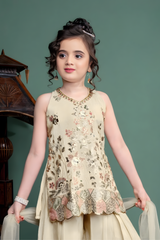 Girls' Elegant Cream Embroidered Peplum Sharara Set
