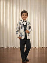 Boys' Cream & Black Botanical Print 3-Piece Suit Set.
