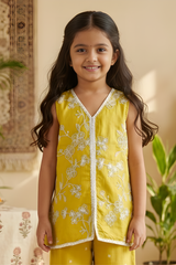 Girls' Sunny Yellow Palazzo Set with White Floral Embroidery.