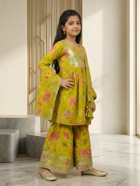 Girls Lime Green Floral Print Sharara Set with Dupatta