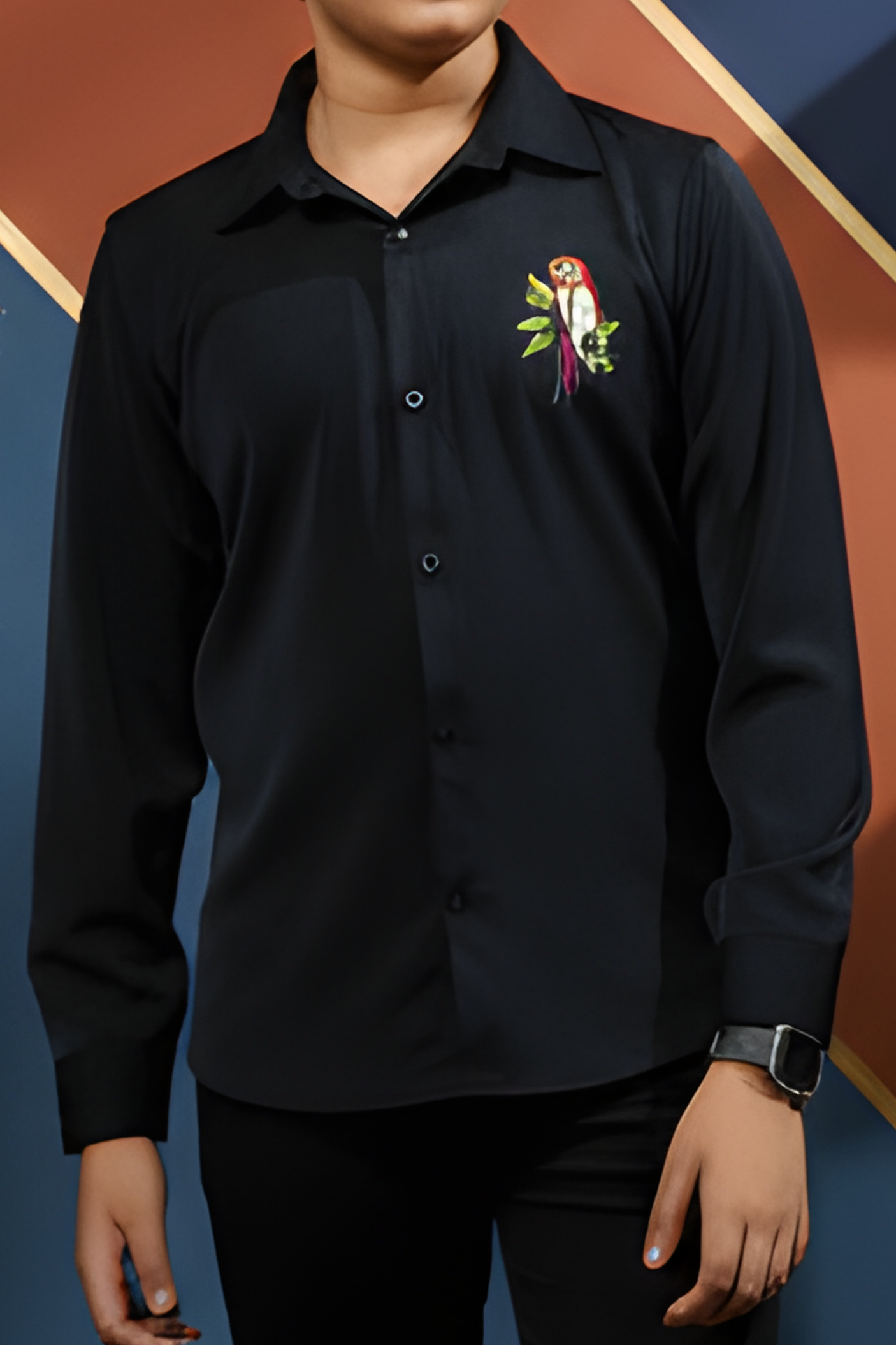 Boy's Stylish Navy Blue Shirt with Vibrant Parrot Embroidery