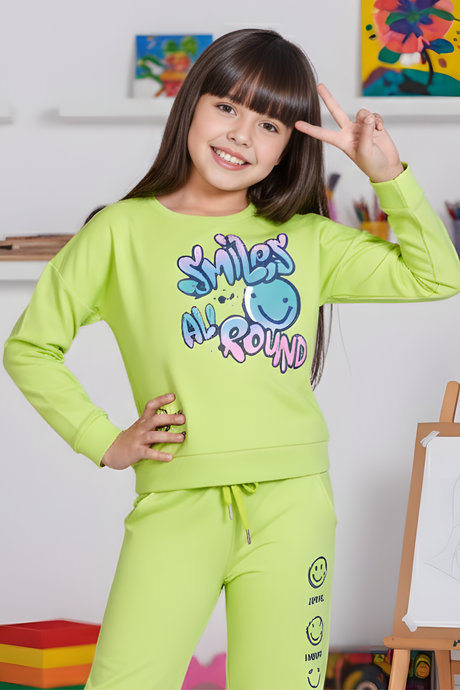 Girls' Casual Neon Lime Green Graphic Print Sweatshirt and Wide-Leg Track Pant Set