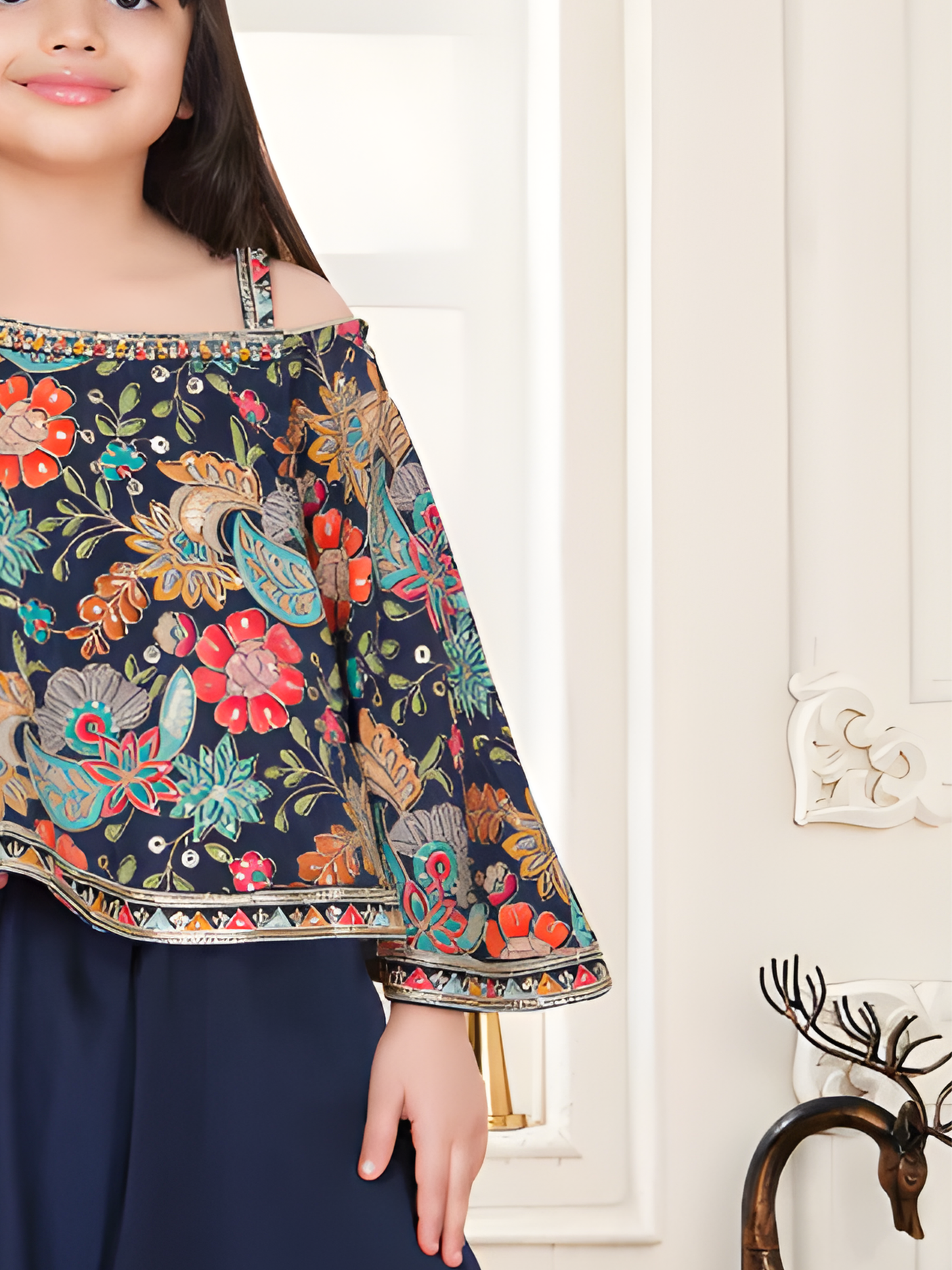 Girls' Embroidered Floral Cape Top and Palazzo Set (Navy Blue)