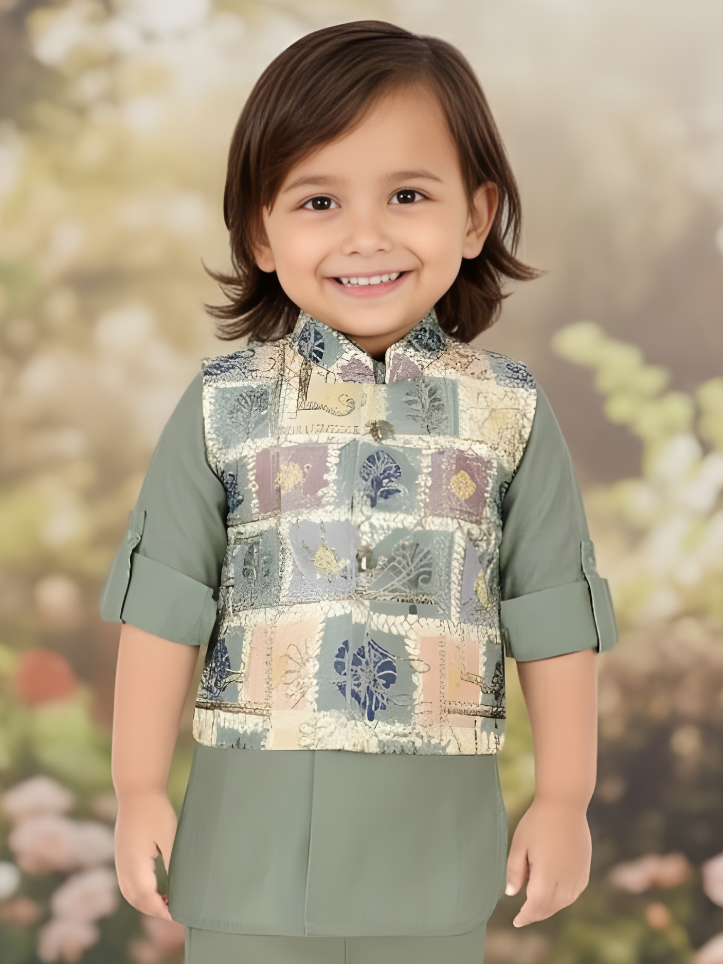 Boys' Sage Green Kurta Pajama Set with Multi-Color Patterned Waistcoat