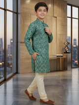Boys' Dark Green and Beige Chevron Print Kurta Set