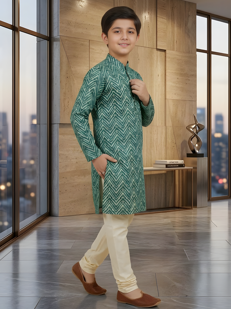 Boys' Dark Green and Beige Chevron Print Kurta Set