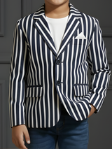 Boys' Navy Blue & White Striped Formal Blazer Coat Suit
