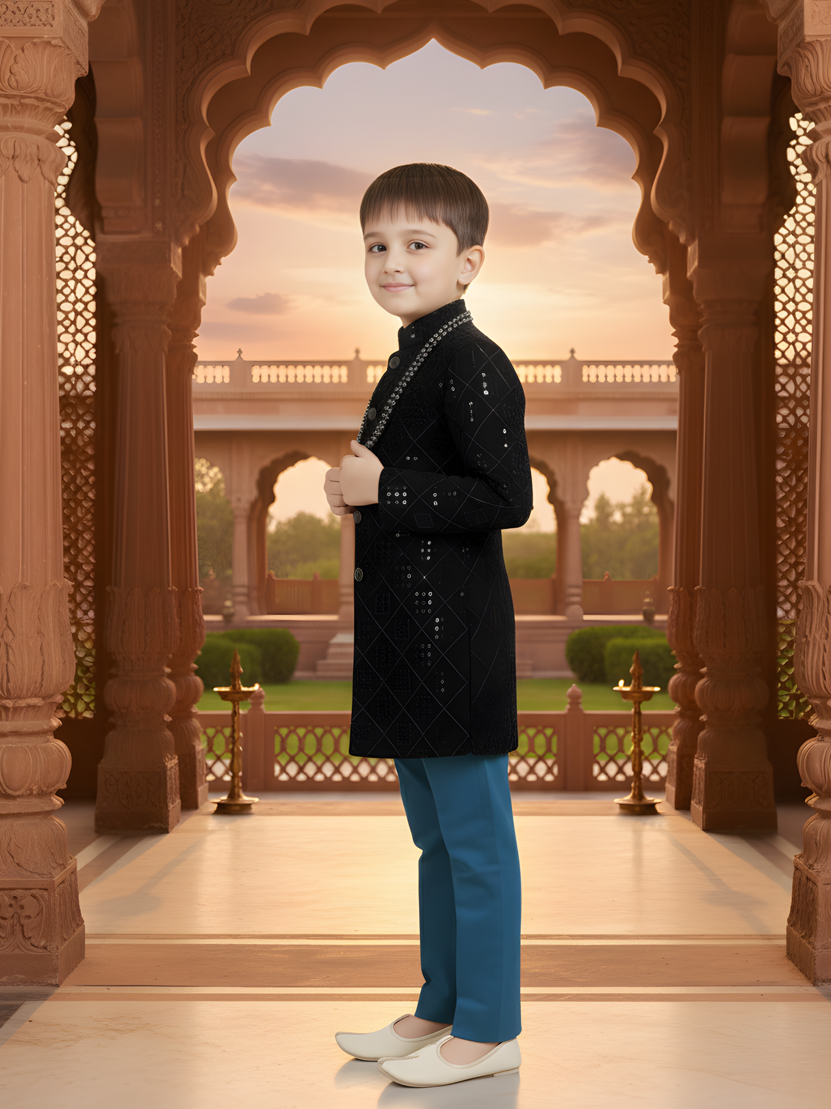 Boys' Green Sequined Sherwani with Teal Trousers Set