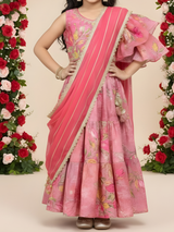 Girls' Peach and Rani Pink Tiered Lehenga Choli with Ruffle Sleeve
