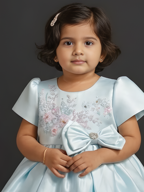 Serene Sky Blue Floral Embroidered Satin Party Dress with Waist Bow