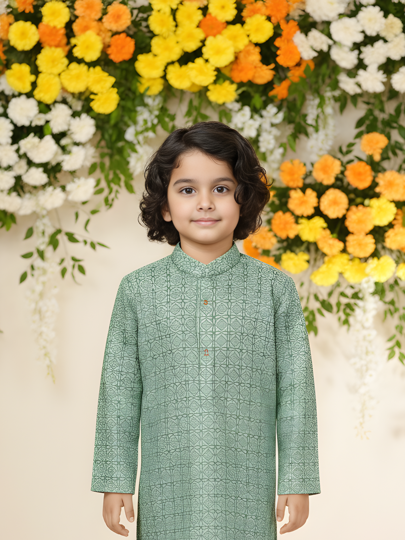 Boys' Mint Green Geometric Print Kurta Pajama Set