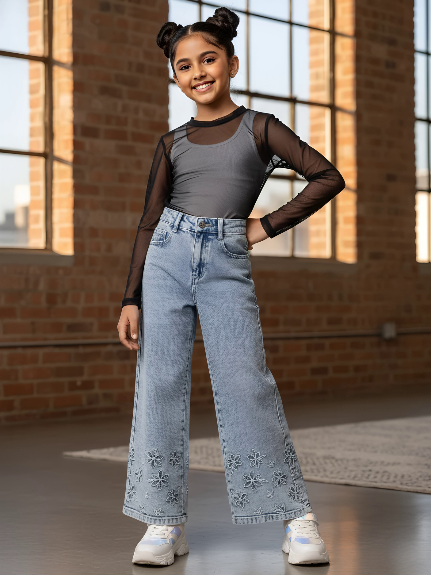 Girls' Light Blue Embroidered Wide-Leg Jeans.