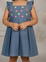 Girls' Stylish Blue Denim-Style Cotton Frock with Multi-Color Floral Embroidery
