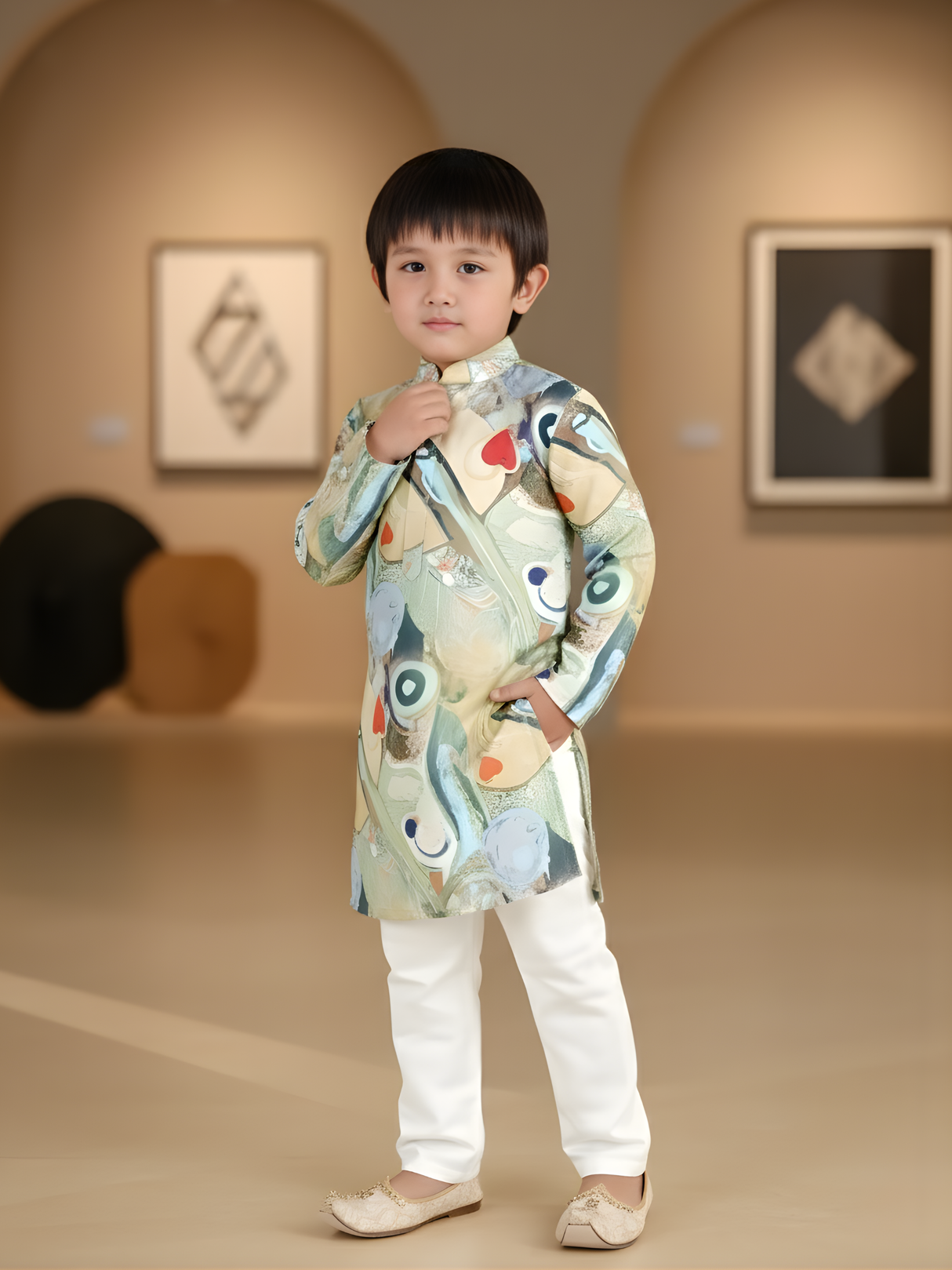 Boys' Aqua Green Traditional Figurative Print Kurta Set