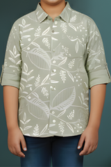 Boys' Stylish Sage Green Casual Shirt with White Foliage Print