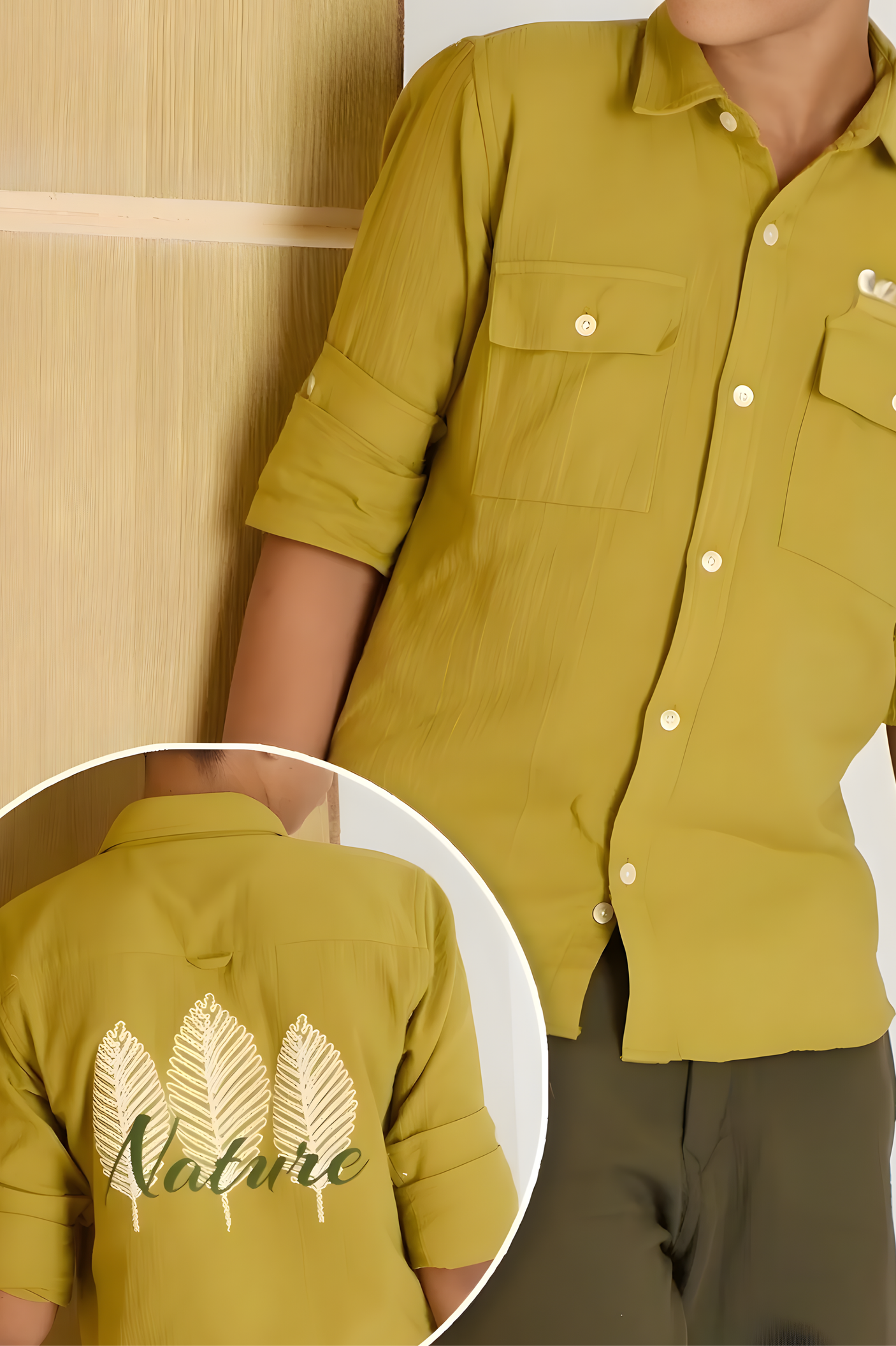 Boy's Stylish Olive Green Shirt with Nature Back Embroidery