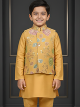 Boys Mustard Yellow Silk Kurta Set with Embroidered Nehru Jacket