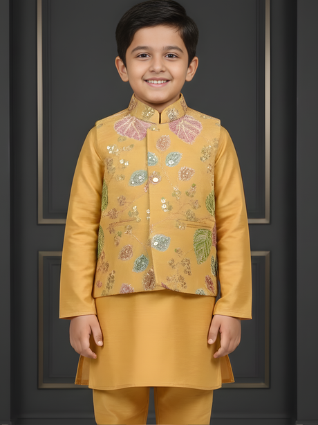 Boys Mustard Yellow Silk Kurta Set with Embroidered Nehru Jacket