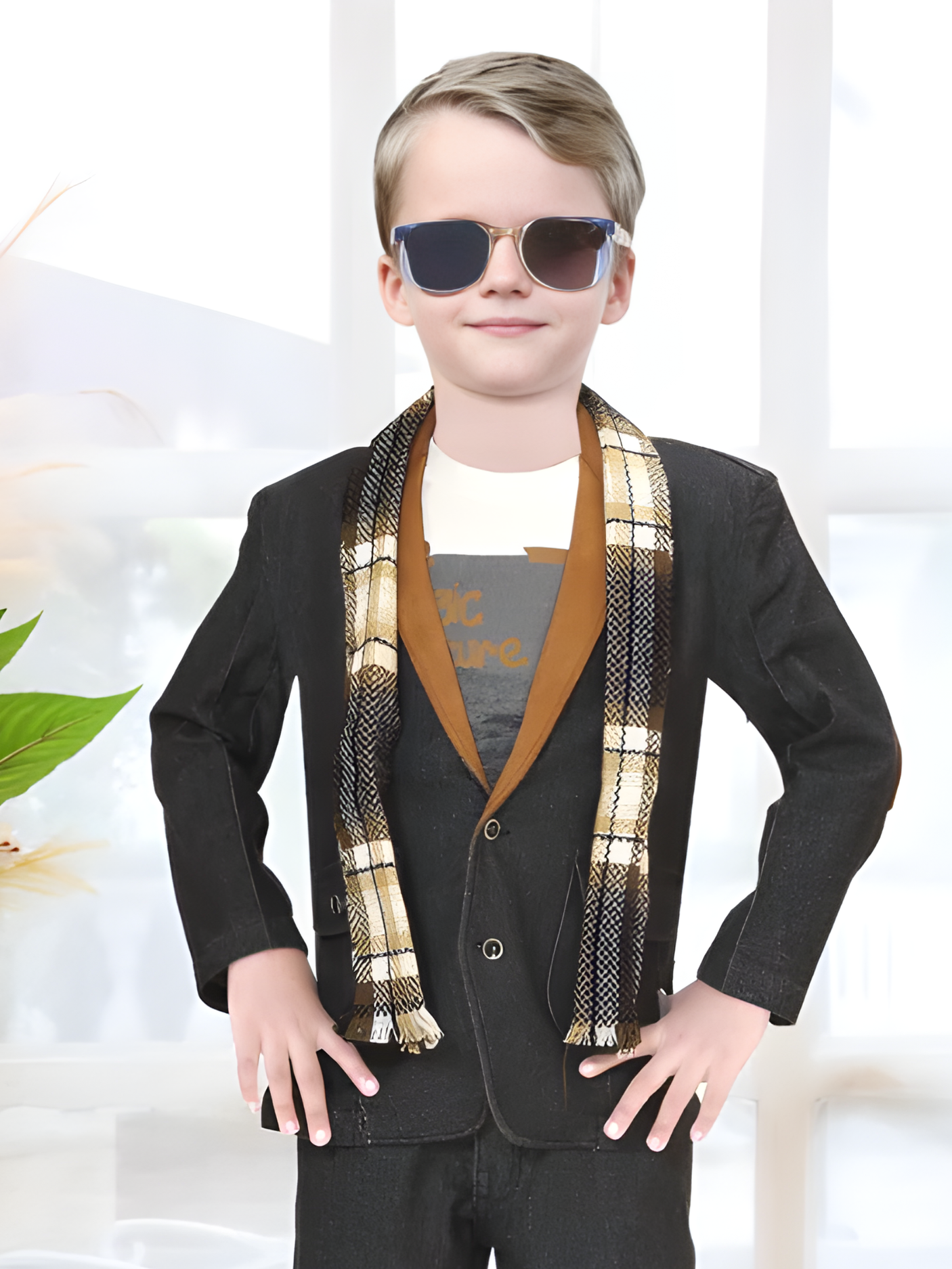 Boys' Dark Wash Denim Suit Set with Contrast Scarf and T-Shirt