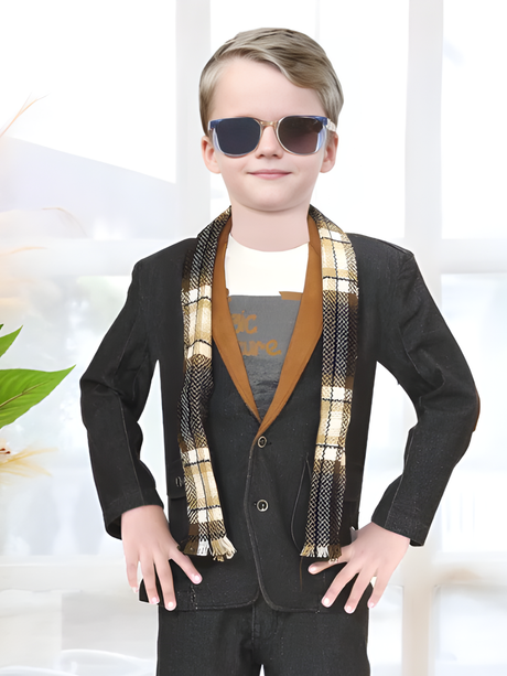 Boys' Dark Wash Denim Suit Set with Contrast Scarf and T-Shirt