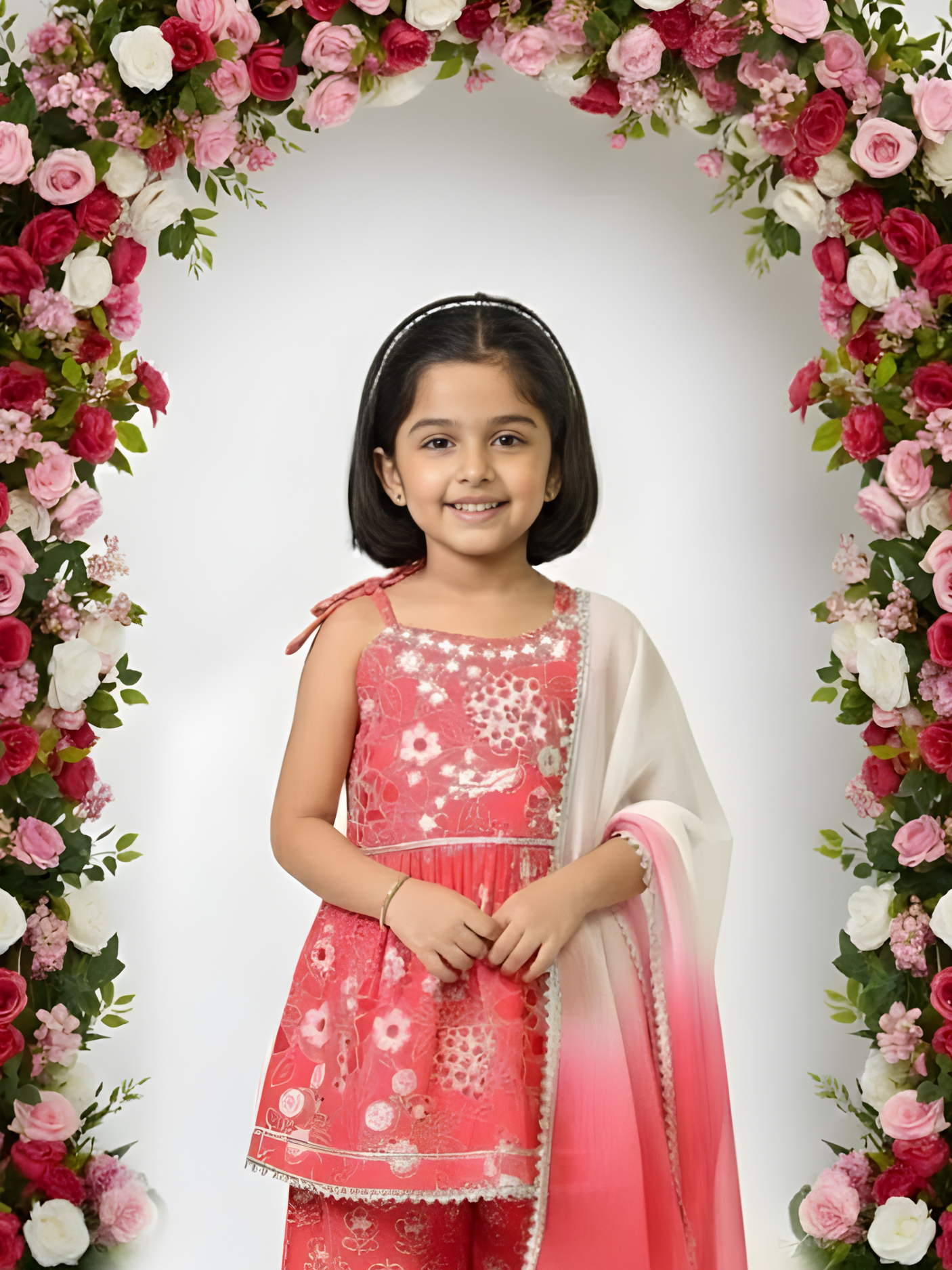 Girls' Hot Pink Sleeveless Peplum Kurti and Floral Sharara Set with Dupatta