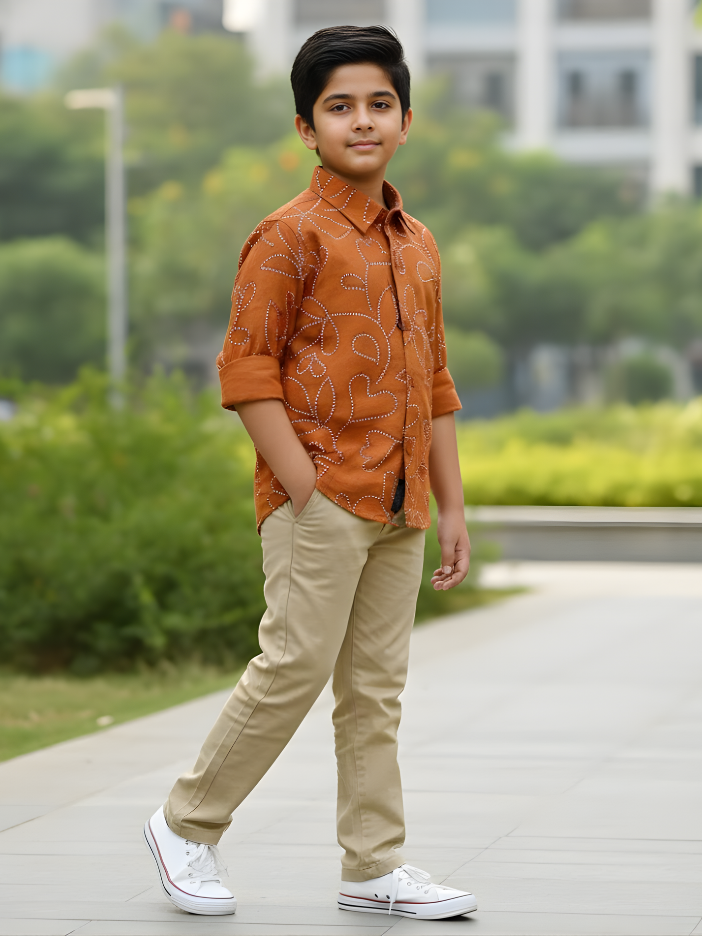 Boys Rust Brown Floral Line-Art Casual Shirt