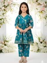 Girls' Cheerful Lime Green Print Angrakha Kurti and Sharara Skirt Set