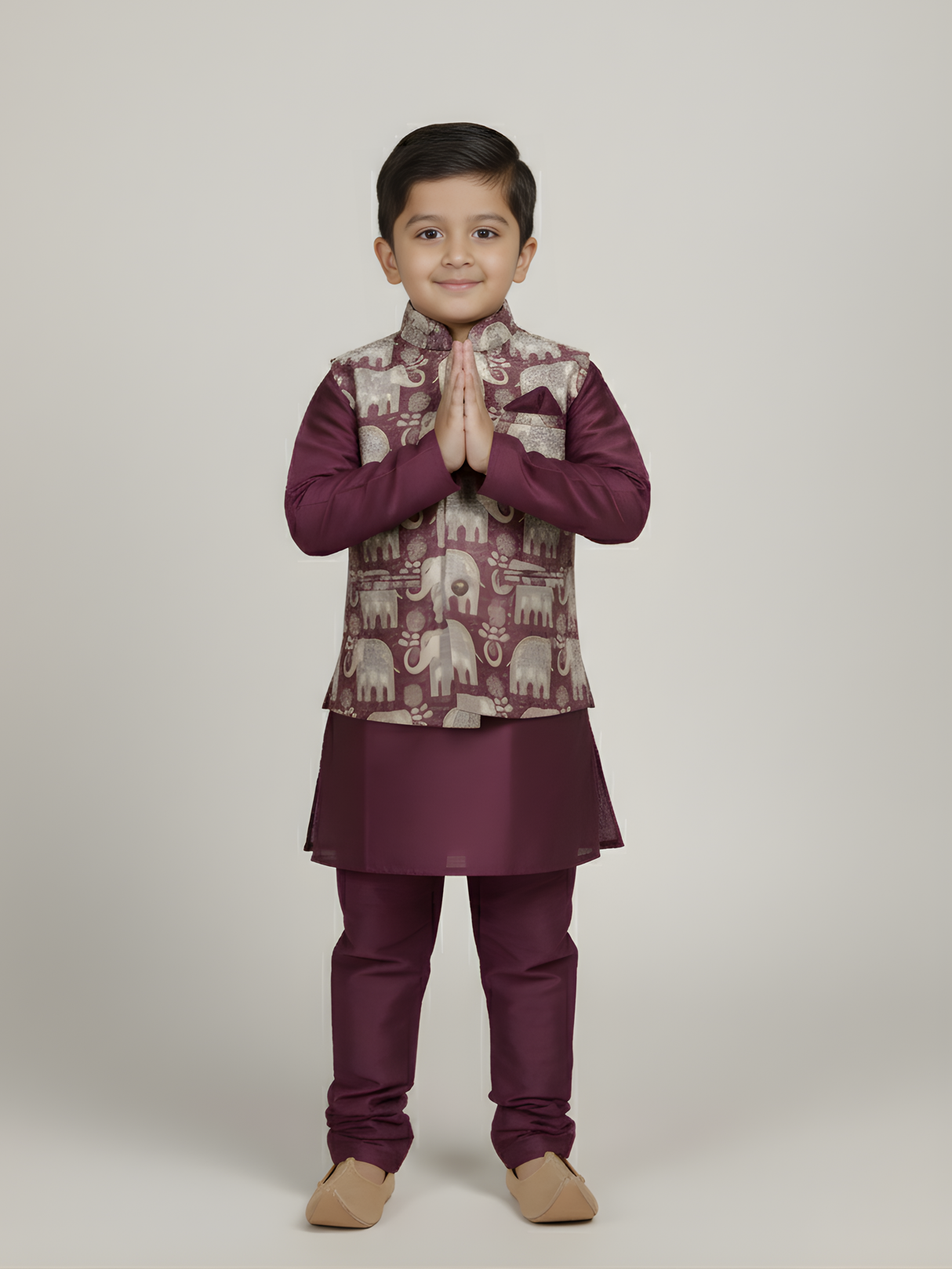 Boys' Regal Purple Kurta Pajama with Elephant Print Nehru Jacket