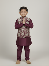 Boys' Regal Purple Kurta Pajama with Elephant Print Nehru Jacket