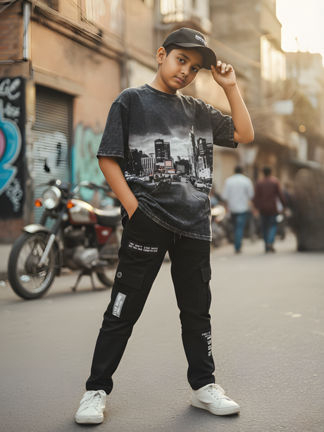 Boys' Urban Black Slim-Fit Cargo Trackpants