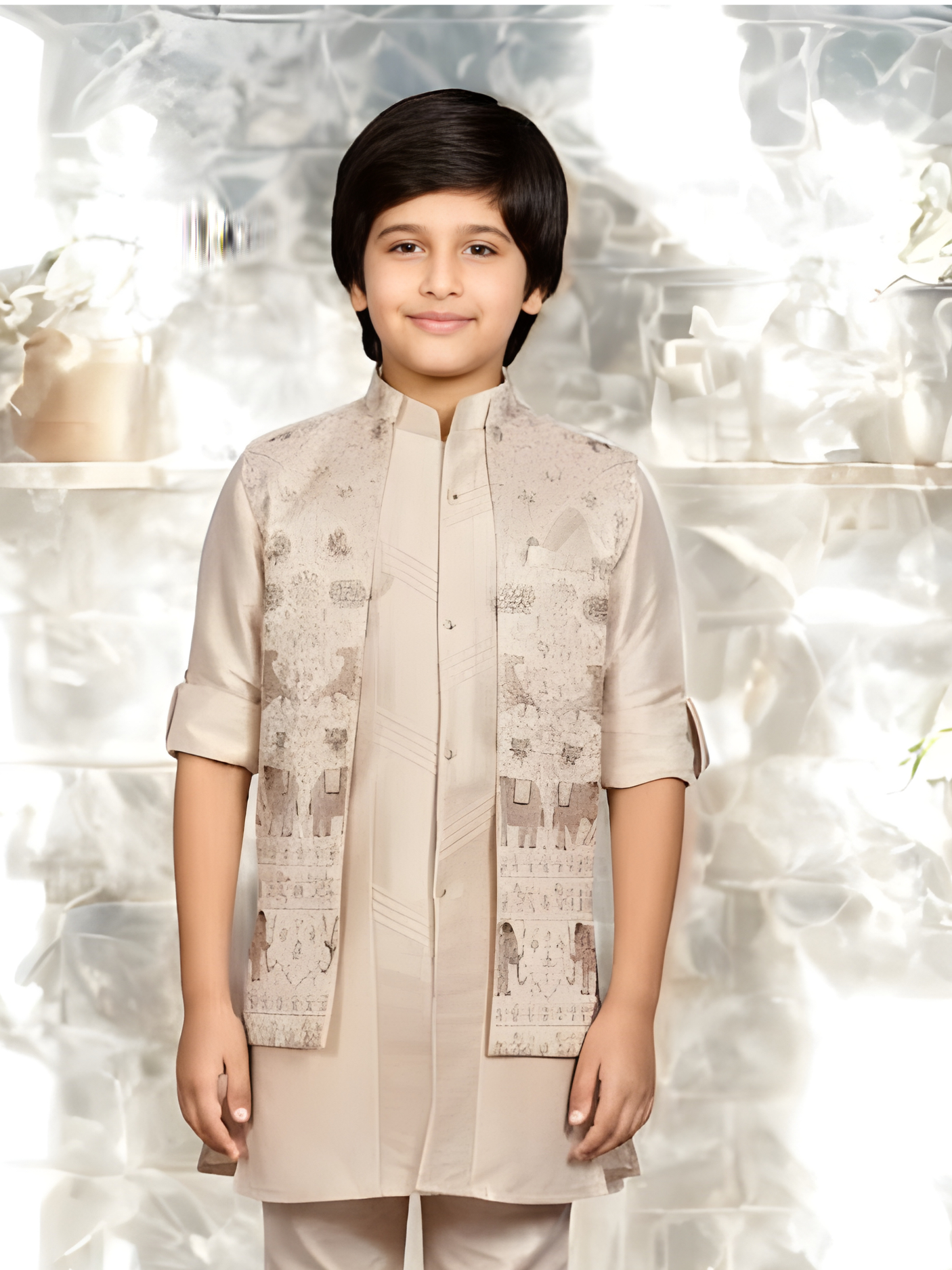 Boys' Elegant Cream Kurta Set with Contrasting Embroidered Vest.