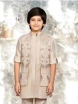 Boys' Elegant Cream Kurta Set with Contrasting Embroidered Vest.