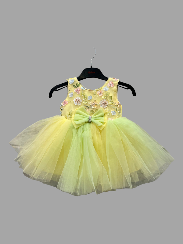 Baby Girl Yellow Dress – Floral Embellished Bodice with Bow Detail