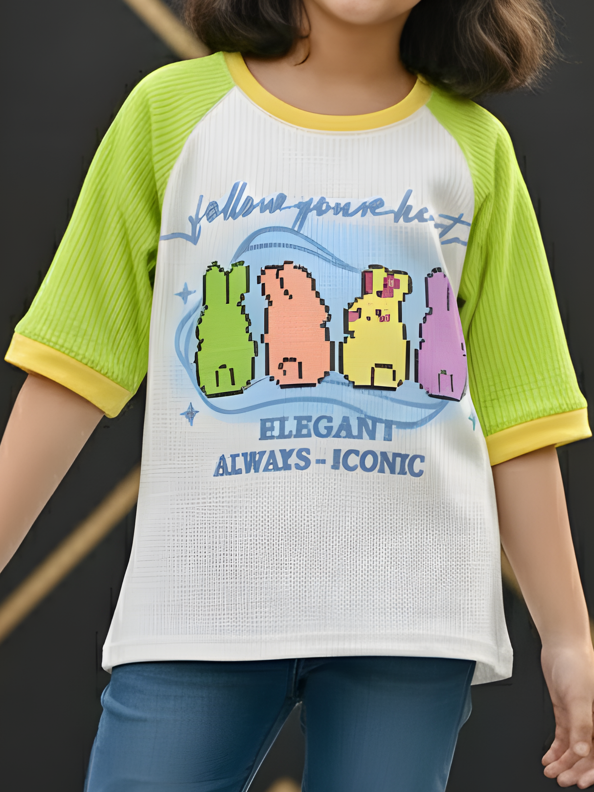 Girls' Vibrant Green Pixel Bunny Raglan T-Shirt