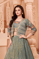 Girls' Sage Green Embroidered Jacket, Crop Top, and Lehenga Set